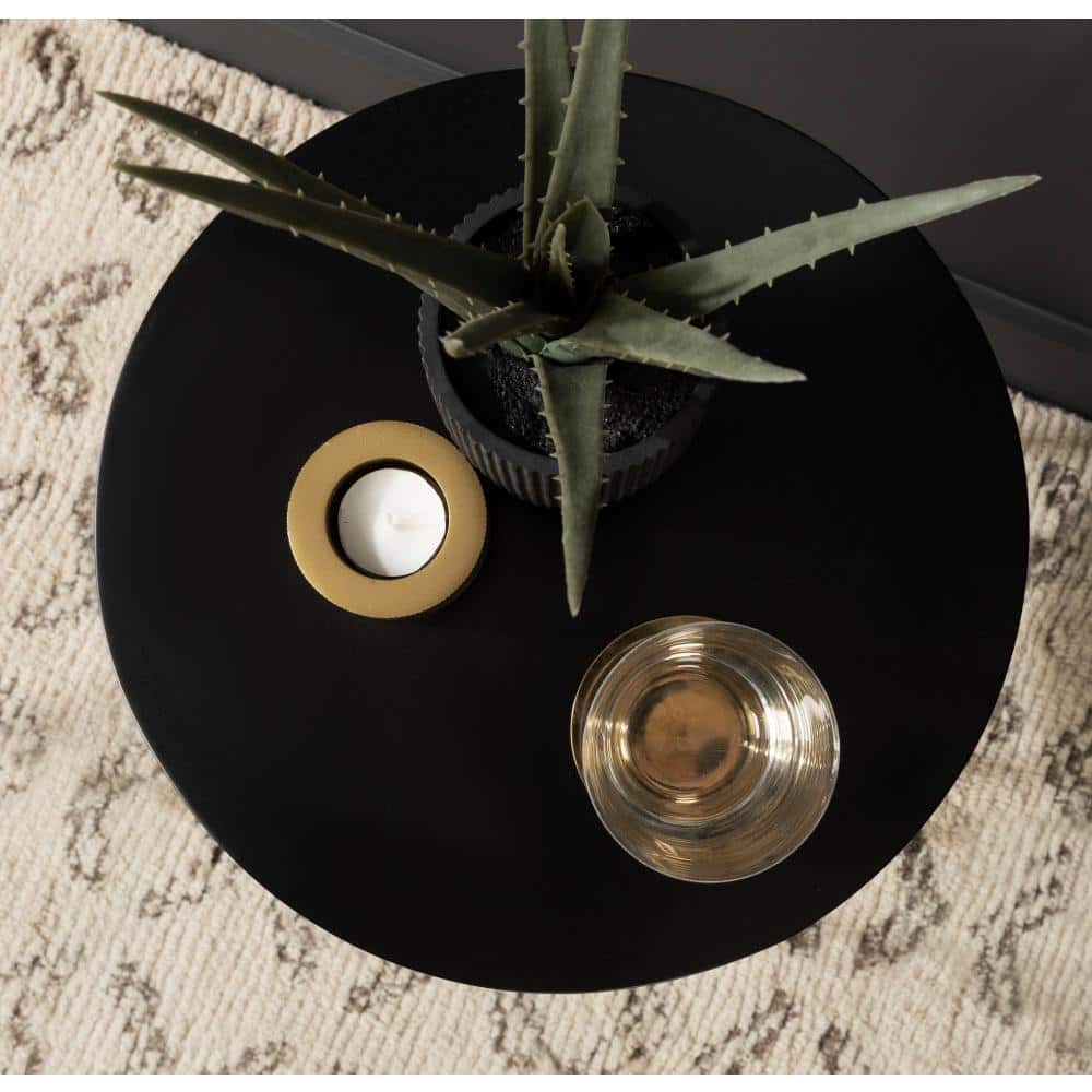 Black and Gold Round Wood Side Table with Storage