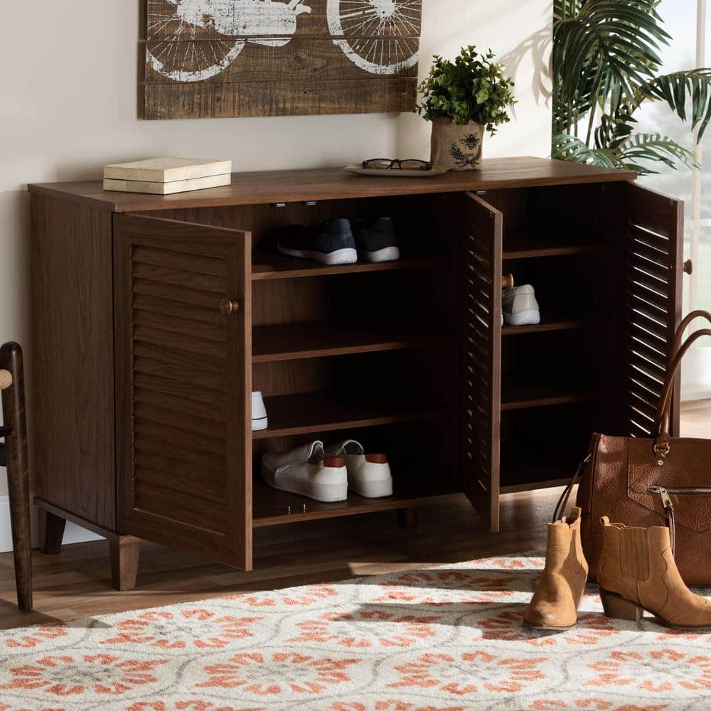 Walnut 3-Tier Dark Wood Shoe Storage Cabinet