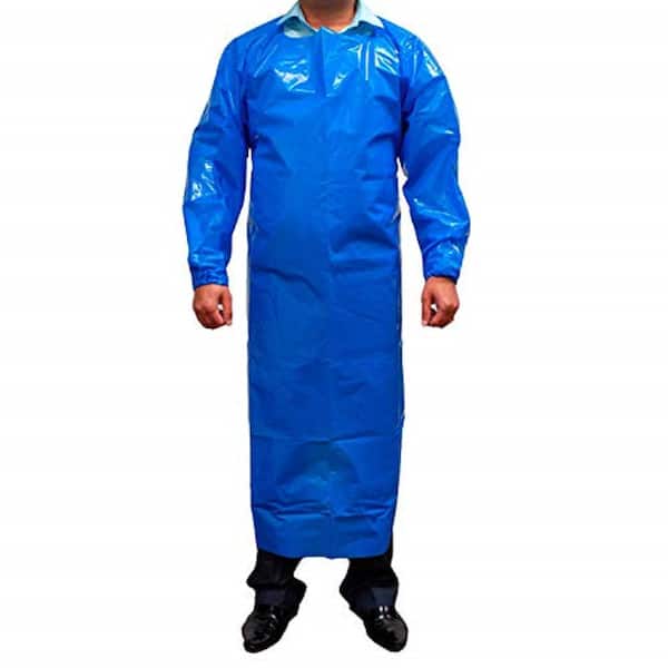 Safe Handler PEVA Apron, Polyethylene Vinyl Acetate Open Back for Easy Removal, Waterproof and Disposable in Blue