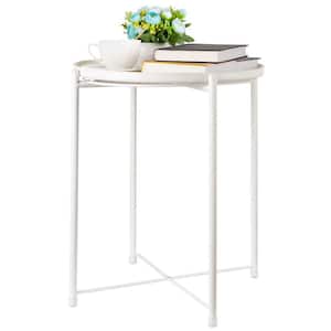 White Round Metal Outdoor Dining Table without Extension Metal Side Table with Removable Tray
