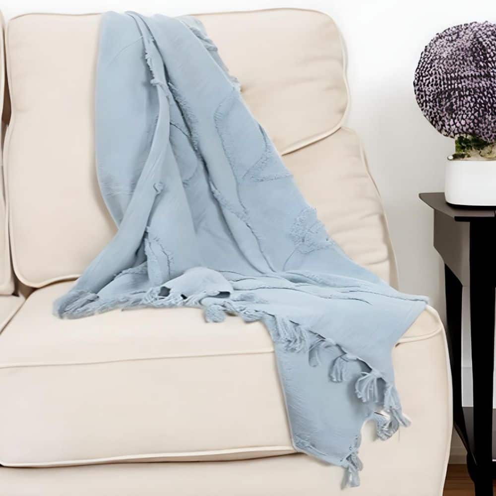 Light Blue Textured Cotton Reversible Throw Blanket
