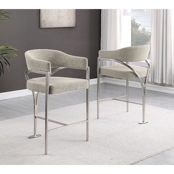 Nayla 37.5 in H. Grey Low Back Metal Frame Counter Stool With Boucle Fabric Matte Brushed Chrome Base Set of 2