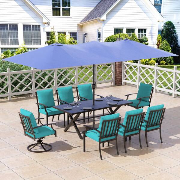Halmuz 10-Piece Metal Patio Outdoor Dining Set with Swivel Chairs, Rectangular Table, Double-Sided Umbrella and Blue Cushion