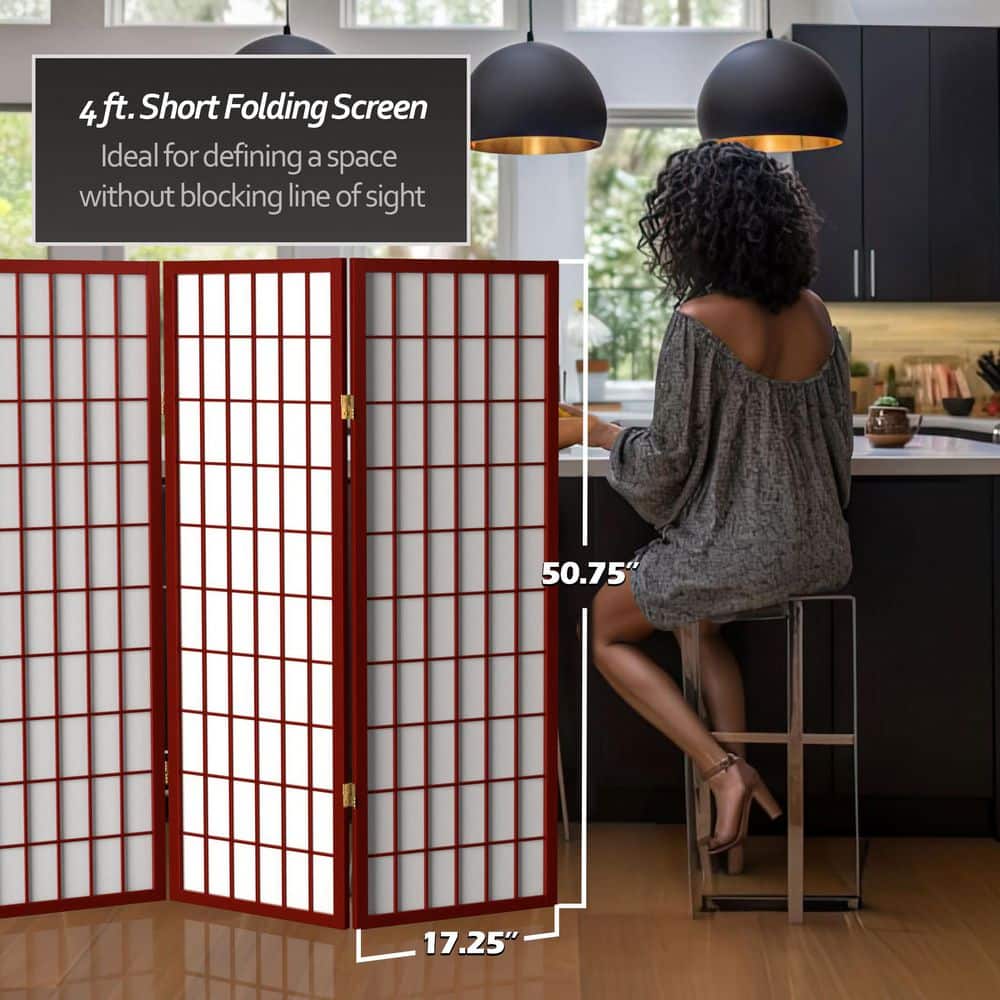 Rosewood 4 ft. Tall Shoji Screen with White Rice Paper Panels