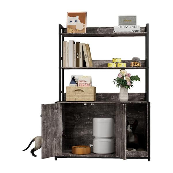 Grey Indoor Cat Cabinet ,Large Hidden Litter Box Enclosure with 2-Doors, Shelf and Scratch Pad