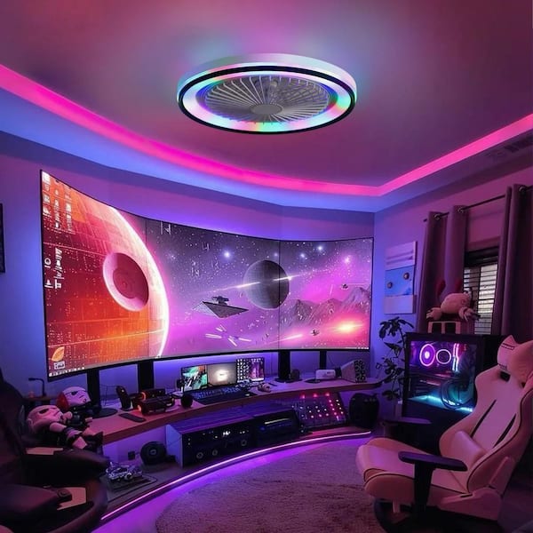 19 in. Indoor White Flush Mount Ceiling Fan with RGB48 Colorful LED Lights and 6-Speed Remote and APP Control