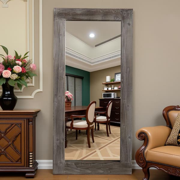 Wooakway 31 in W x 71 in. H Rectangle Solid Wood Accent Mirror Vintage Wall Mirror Charcoal