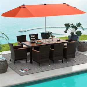 Brown 11-Piece Metal Rectangle 29 in. Outdoor Dining Set with 15 ft. Orange Double-Sided Patio Umbrella in Beige Cushion