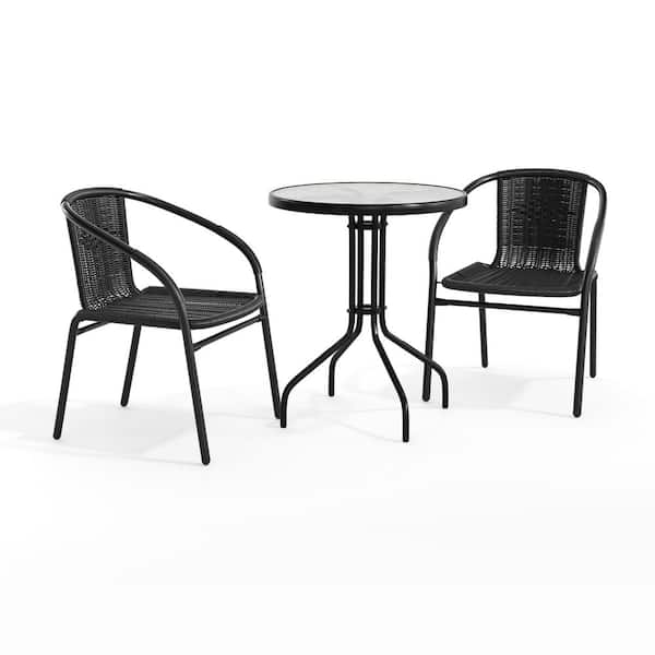 3-Piece Glass Round Outdoor Bistro Set in Clear/Black