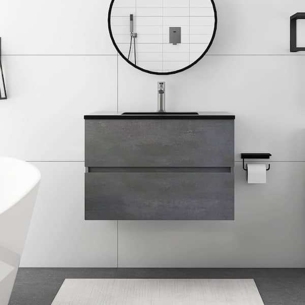 JimsMaison 30 in. W x 19 in. D x 21 in. H Single Sink Wall-Mounted Bathroom Vanity  in Cement Grey with Black Quartz Top