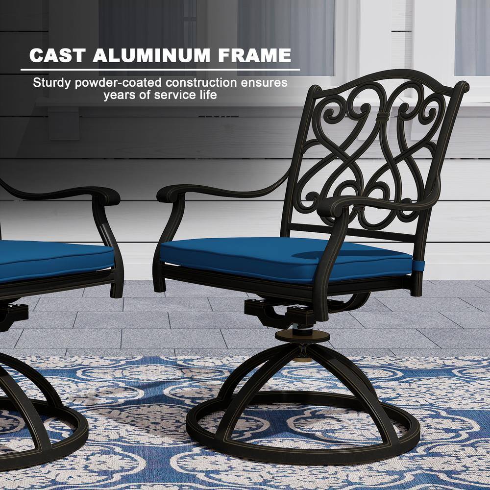Black Cast Aluminum 6-Person Outdoor Dining Set with Blue Cushions