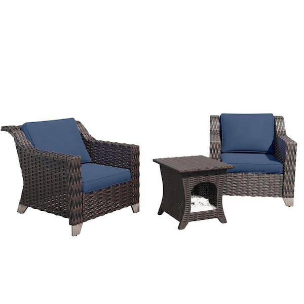 JOYSIDE 3-Piece Wicker Outdoor Patio Conversation Lounge Chair Set with Side Table and Blue Cushions