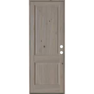 36 in. x 96 in. Rustic Knotty Alder Square Top V-Grooved Left-Hand/Inswing Grey Stain Wood Prehung Front Door