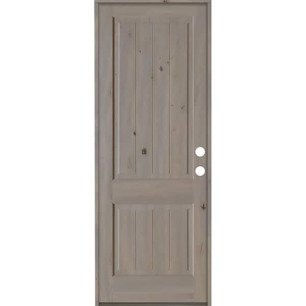 Krosswood Doors 36 in. x 96 in. Rustic Knotty Alder Square Top V-Grooved Left-Hand/Inswing Grey Stain Wood Prehung Front Door