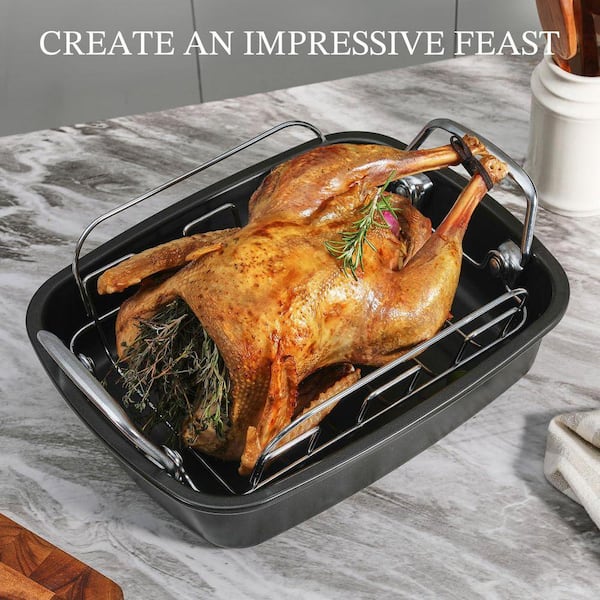 25 qt. Gray Carbon Steel Oven Safe Roasting Pan Nonstick with Rack