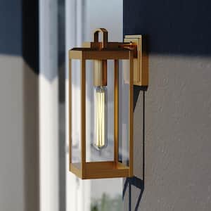 Kinzie 1 Light Brass Outdoor Wall Lantern with Dusk to Dawn Photocell, Clear Glass