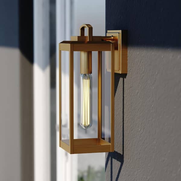 Kinzie 1 Light Brass Outdoor Wall Lantern with Dusk to Dawn Photocell, Clear Glass