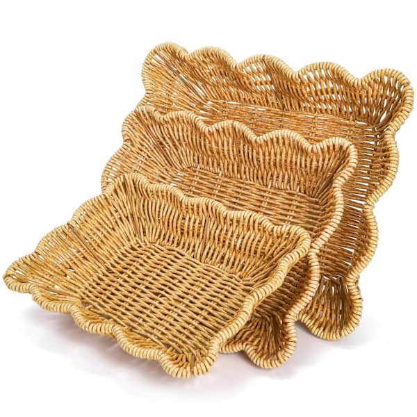 Poly Wicker Bread Baskets Rattan Fruit Baskets for Fruits Vegetables and Snacks, Restaurant Kitchen, Brown (3-Pack)