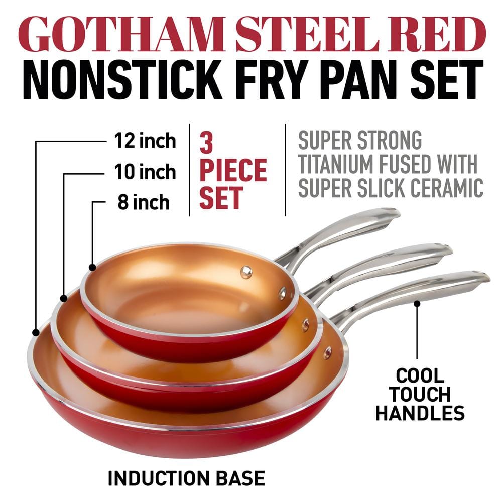 Gotham Steel Red Nonstick Ceramic Fry Pan Set, 8'', 10'' & 12''