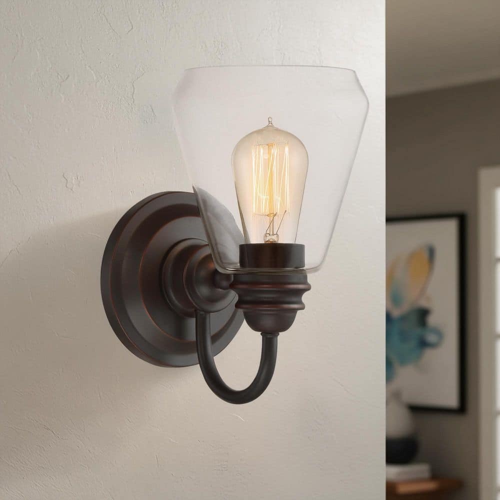 Foundry 6 in. 1-Light Satin Bronze Industrial Wall Sconce with Clear Glass Shade price history on PriceWatchPro