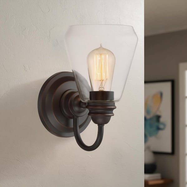 Foundry 6 in. 1-Light Satin Bronze Industrial Wall Sconce with Clear Glass Shade