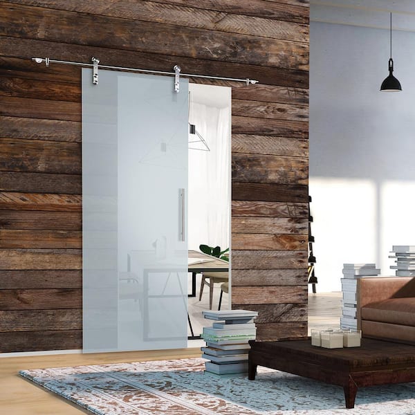 37 in. x 84 in. Glacier Full Frosted Glass Sliding Barn Door with Hardware Kit