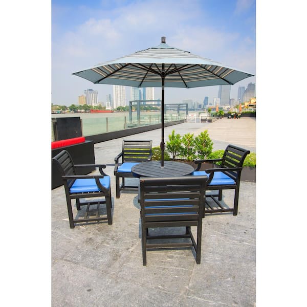 9 ft. Aluminum Market Push Tilt - Matte White Patio Umbrella in Navy White Cabana Stripe Olefin