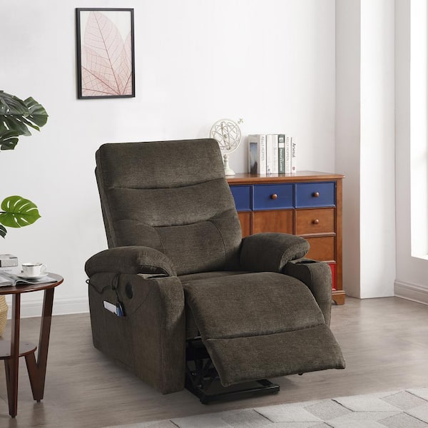 Dark Brown Electric Power Lift Recliner Chair Sofa with USB Ports,Side Pockets,Cup Holders, Massage and Heat for Elderly
