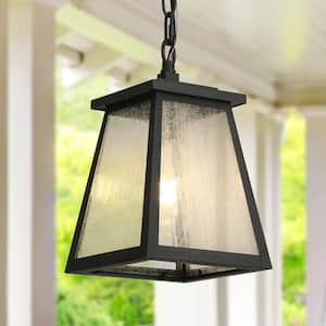 Modern 11.8 in. 1-Light Black Outdoor Ceiling Light Geometric Outdoor Pendant with Seeded Glass Shade For Outdoor Patio
