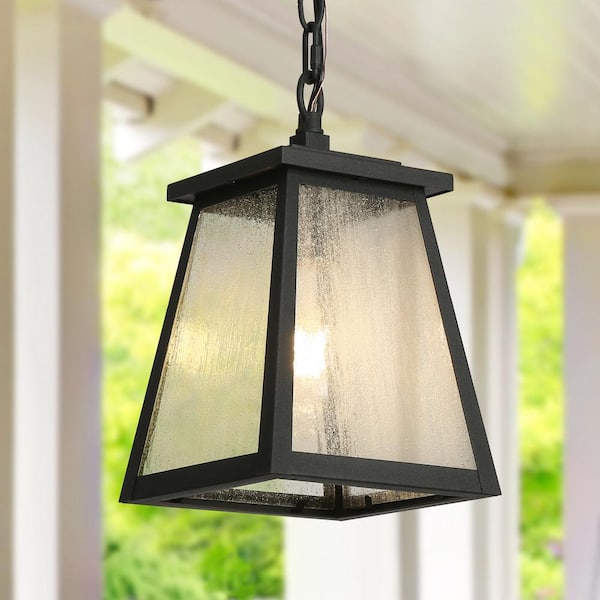 LNC Modern 11.8 in. 1-Light Black Outdoor Ceiling Light Geometric Outdoor Pendant with Seeded Glass Shade For Outdoor Patio