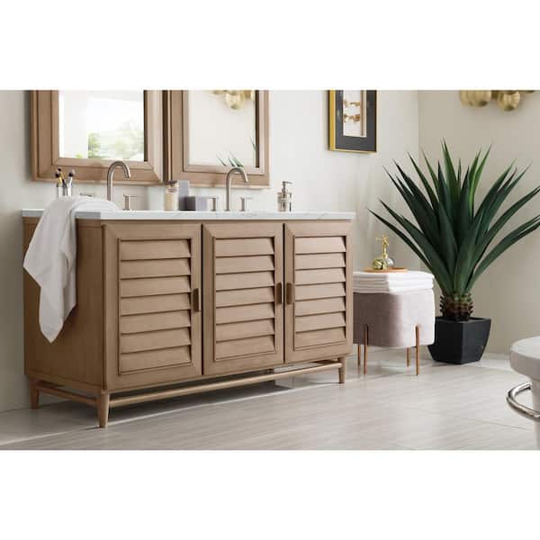 James Martin Vanities Portland 60.0 in. W x 23.5 in. D x 34.3 in. H Bathroom Vanity in Whitewashed Walnut with Ethereal Noctis Quartz Top