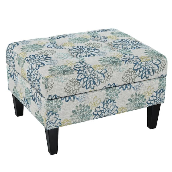 Zahra Light Brown and Blue Floral Tufted Fabric Accent Storage Ottoman with Solid Wood Legs