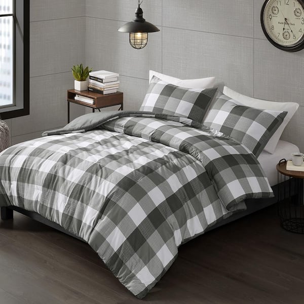 510 Design Jonah 3-Piece Charcoal Grey Full/Queen Plaid Check Printed ...