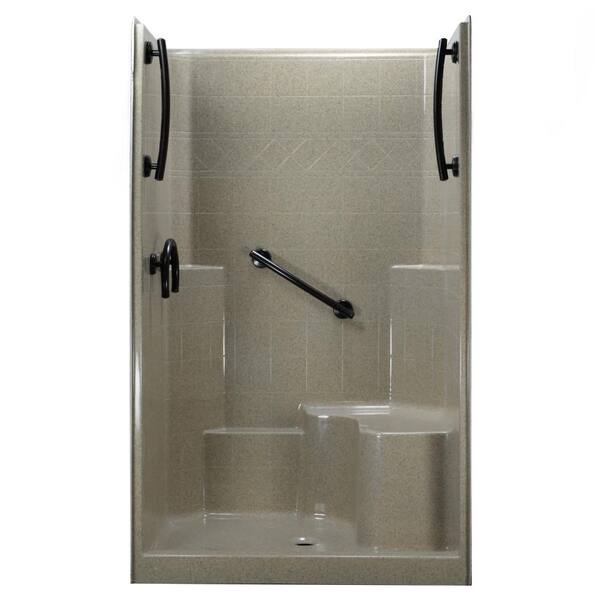 Ella 48 in. x 37 in. x 80 in. 1-Piece Low Threshold Shower Stall in Cotton Seed, Grab Bars, R-Seat, Center Drain