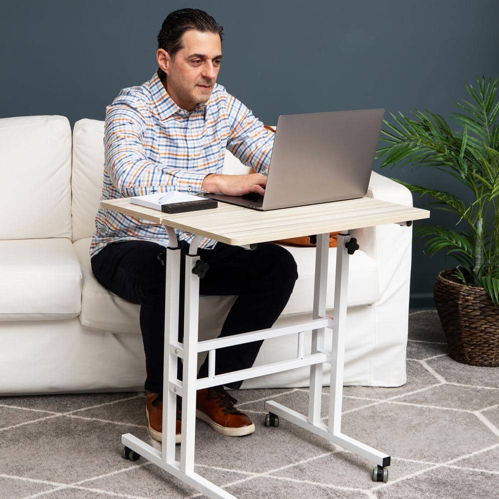 White Adjustable Height Mobile Standing Desk with Keyboard Tray