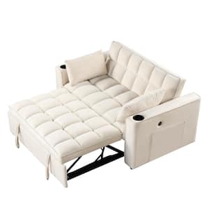 55.3 in. Milky White Multi-functional Velvet Twin Size Sofa Bed with 2 Pillows Cup Holder USB Port and Side Pockets