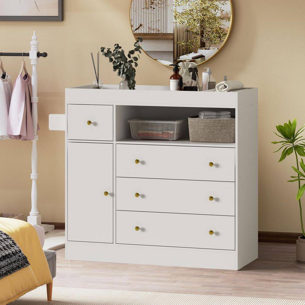 White Changing Table with Drawers, Nursery Dresser with 4-Drawer and Cabinet