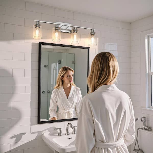 32 in. 4-Light Brushed Nickel Industrial Bathroom Vanity Light with Clear Glass Shades, Wall Mount Over Mirror Light