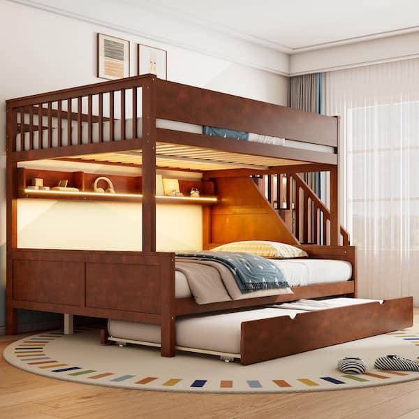 Harper & Bright Designs Walnut Full XL Over Queen Bunk Bed with Built ...