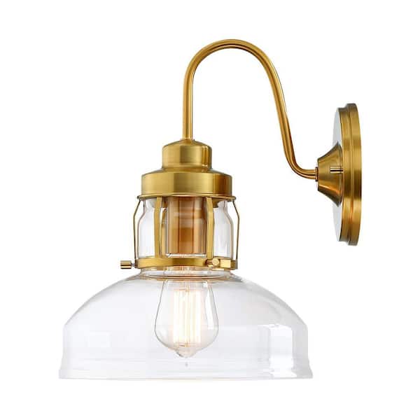 12 in. 1-Light Aged Brass Wall Sconce with Clear Glass Shade