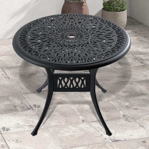 35.43 in. Black Frame Cast Aluminum Patio Dining Table With Umbrella Hole