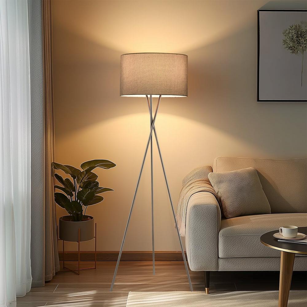 Gray Fabric Shade Brushed Nickel Tripod Floor Lamp