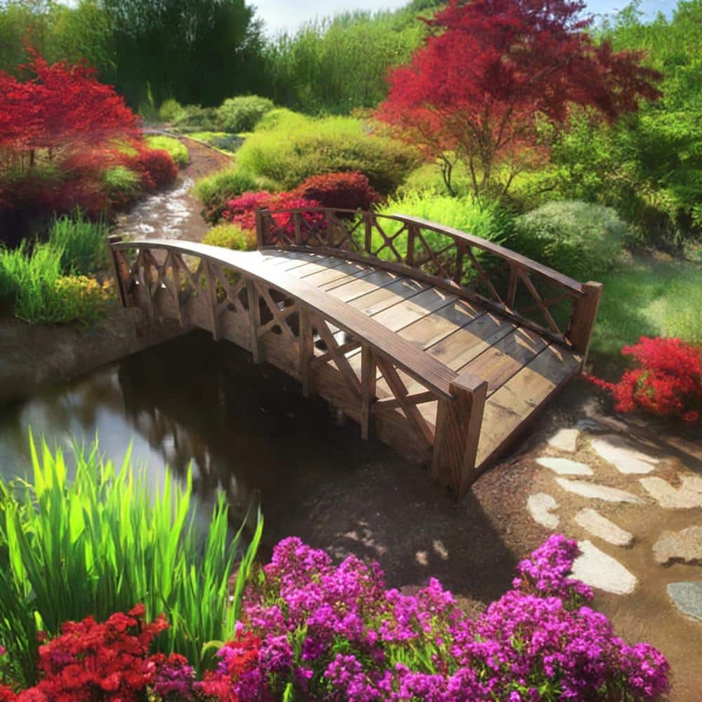 72" Brown Wood Garden Bridge with Cross Halved Lattice Railing