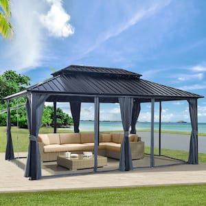 Agix 12 ft. x 18 ft. Black Aluminum Frame Patio Gazebo with Galvanized Steel Canopy, Privacy Curtain and Mosquito Net