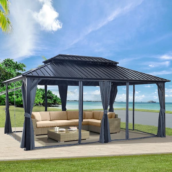 Daheat Agix 12 ft. x 18 ft. Black Aluminum Frame Patio Gazebo with Galvanized Steel Canopy, Privacy Curtain and Mosquito Net