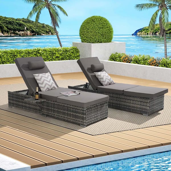 Unbranded 2-Piece Wicker Outdoor Chaise Lounge with Dark Gray Cushion, Beach Recliners Sun Lounger with Adjustable Backrest Table