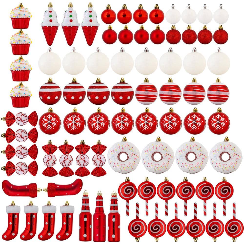 Red and White Shatterproof Plastic Christmas Ornament Set