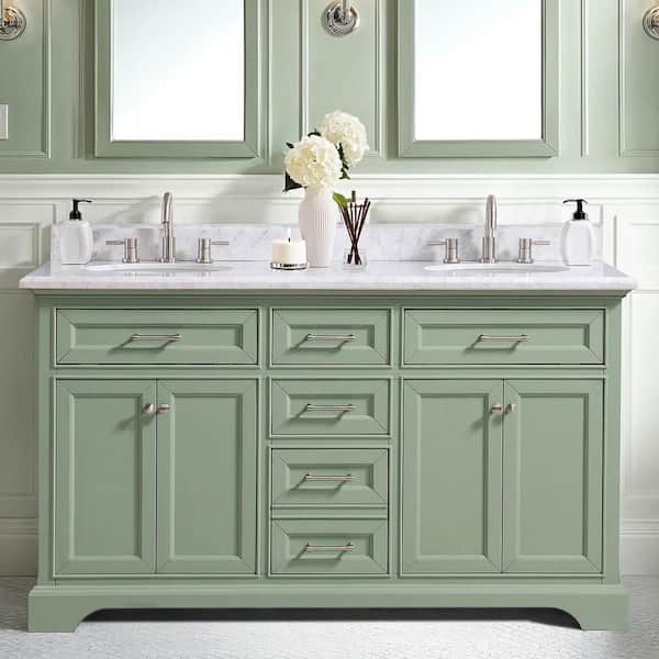 Windlowe 61 in. Double Sink Green Bath Vanity with White Carrara Marble Top (Assembled)