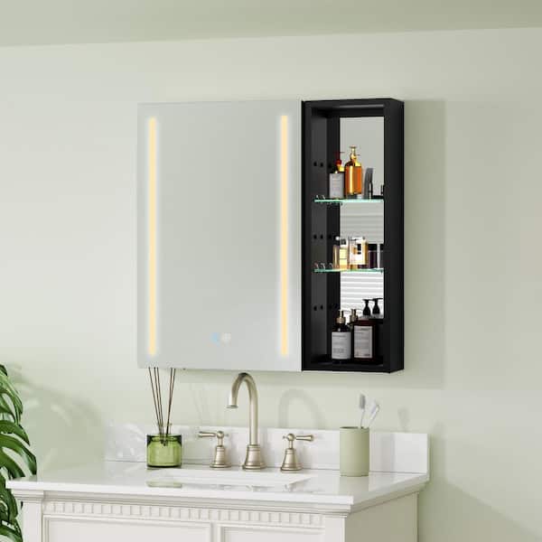 ExBrite 30 in. W x 30 in. H Medium Rectangular Black Aluminum Surface Mount Left Medicine Cabinet with Mirror and 3-Open Shelf