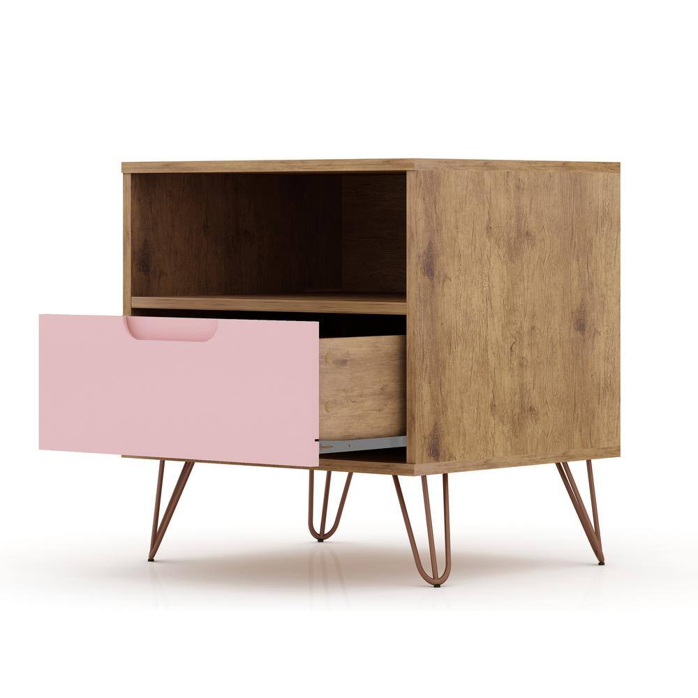 Mid-Century Modern Pink and Wood Nightstand with Hairpin Legs